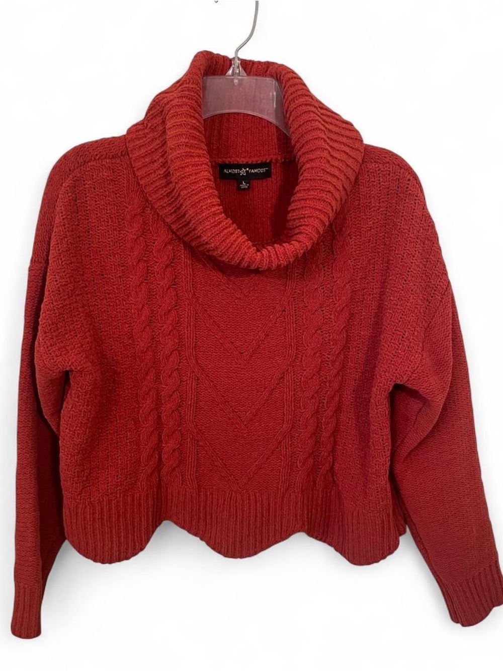 Almost Famous Brick Red Cable Knit Turtleneck Scalloped Hem Cropped Sweater L